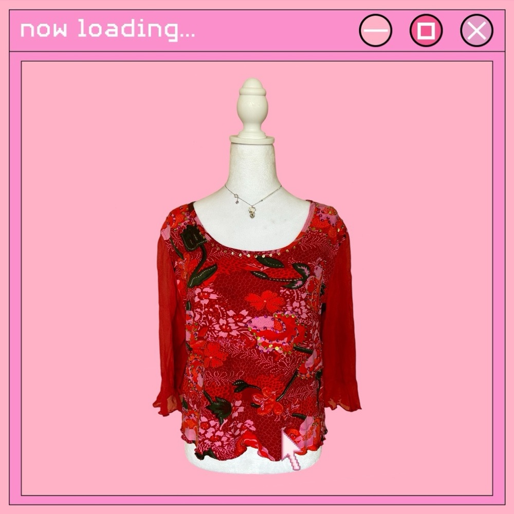 Vintage Jane Ashley red & pink floral long sleeve top